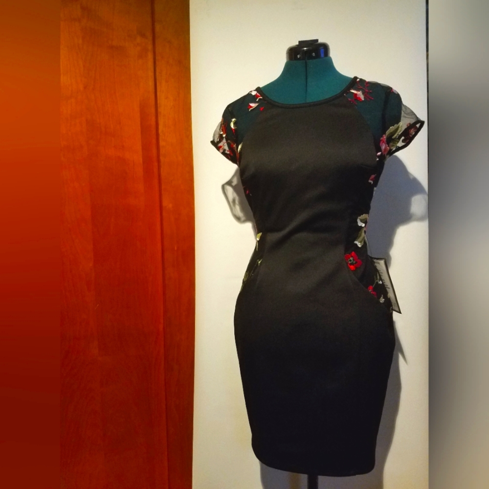 NWT BCX Dress with embroidered flowers and mesh sleeves, size 7 juniors